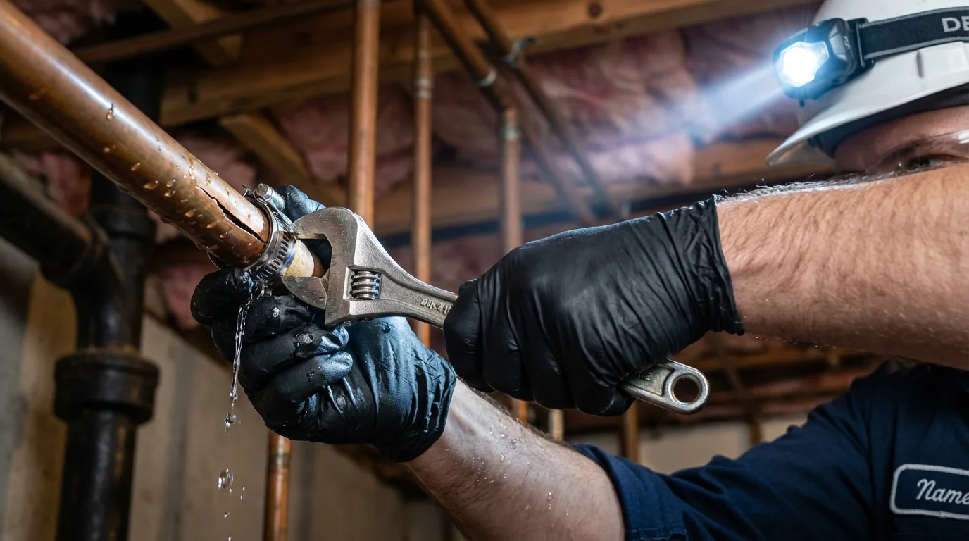Emergency pipe clamp repair being performed by a Johns Plumbing LLC plumber in Sarcoxie