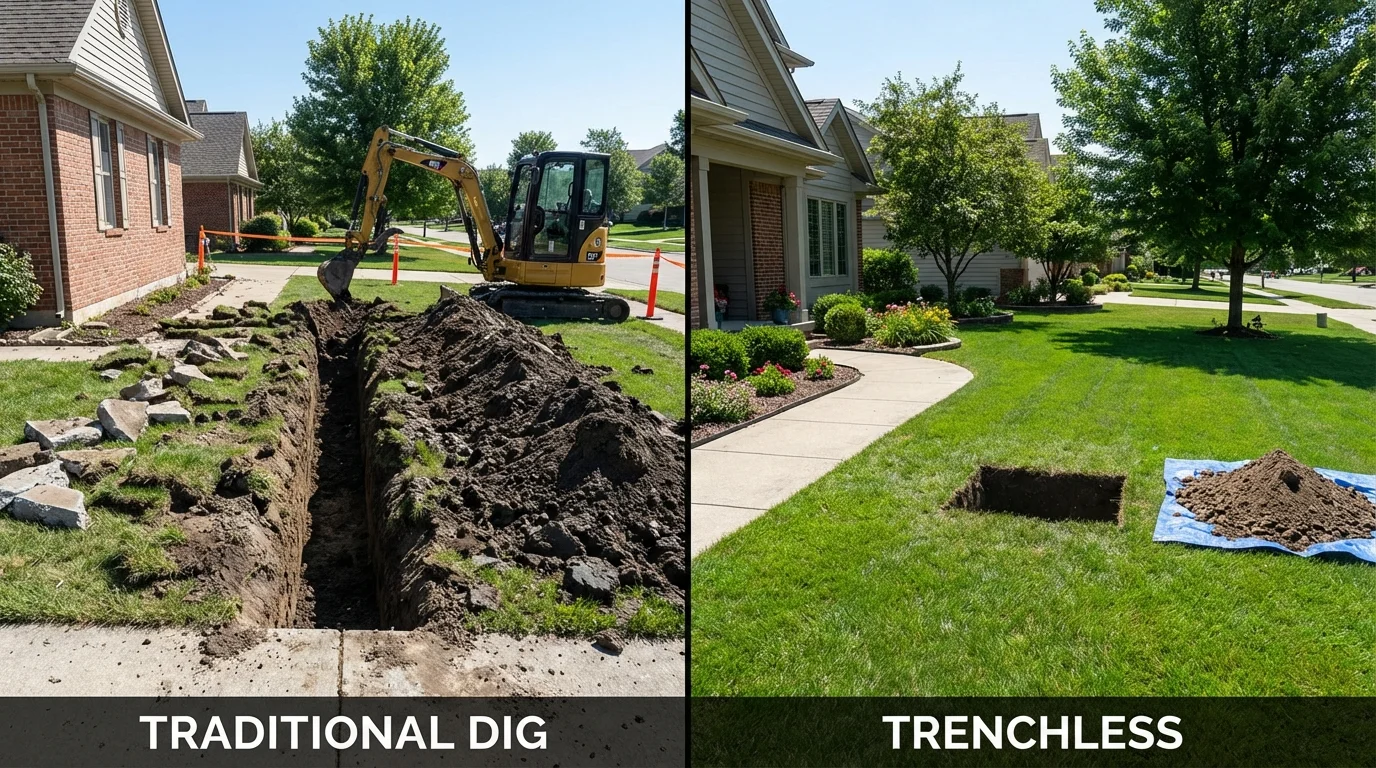 Trenchless sewer repair with minimal yard damage versus traditional excavation in Sarcoxie, MO