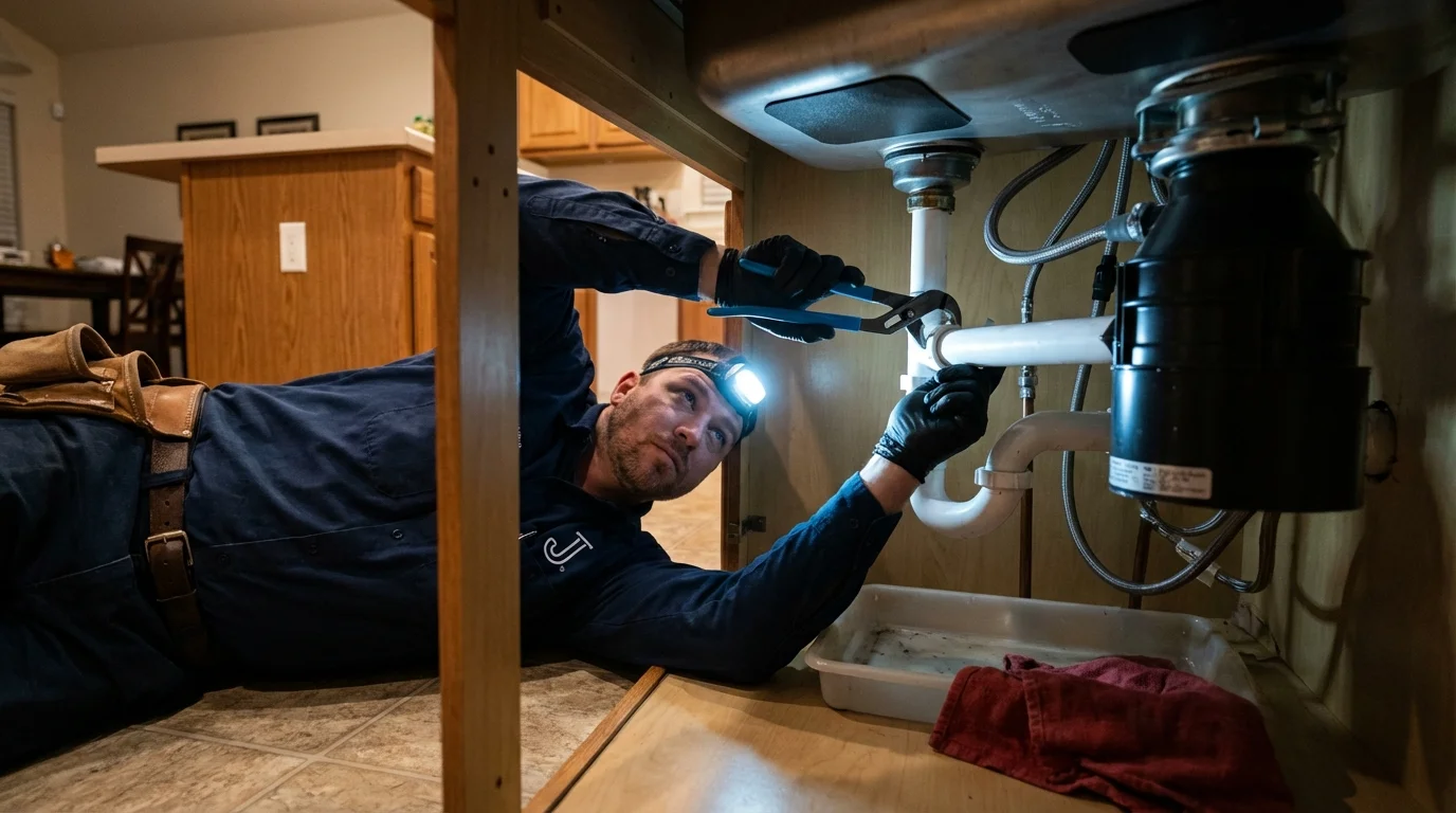 P-trap and supply line connections under a kitchen sink showing a common leak point in Sarcoxie, MO